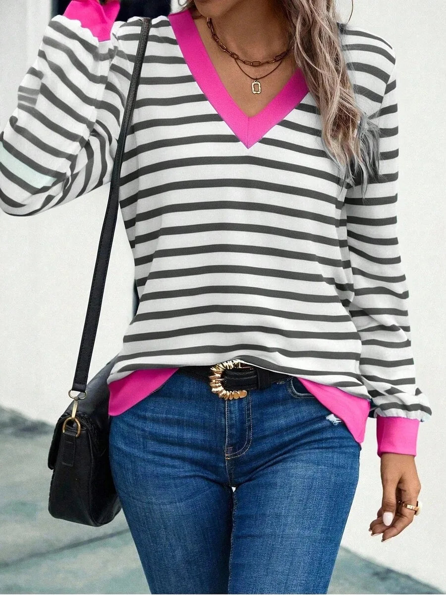 Nouvelle Collection Automne 2026 – T-shirt Femme Décontracté et Confortable à Rayures Colorées, Col en V, Manches Longues MAEJORKEN