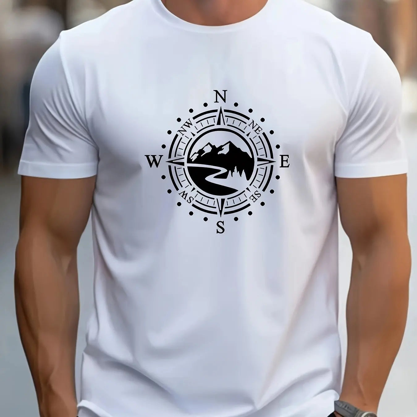 T-shirt manches courtes col rond pour hommes, décontracté, ample, grand motif de boussole imprimé, sport, confortable, été MAEJORKEN