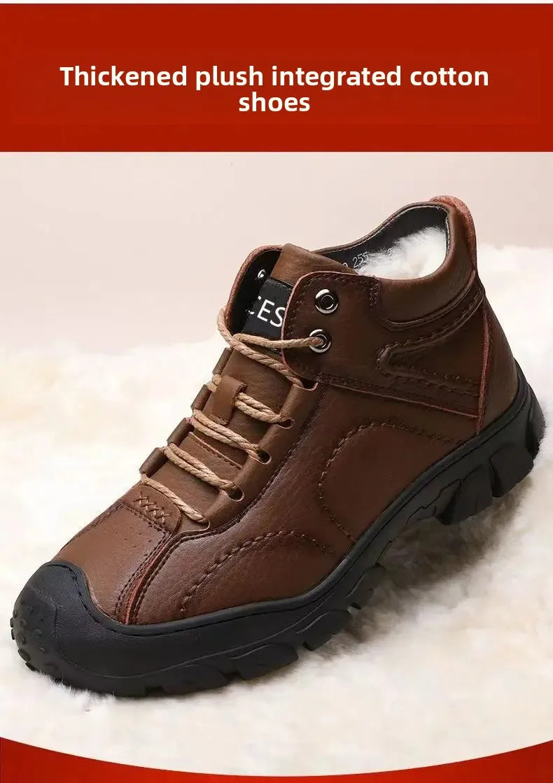 Chaussures d'hiver en cuir imperméable épais pour hommes, doublure polaire, montantes en coton, bottes de neige pour Sports de plein air, semelle extérieure en caoutchouc MAEJORKEN