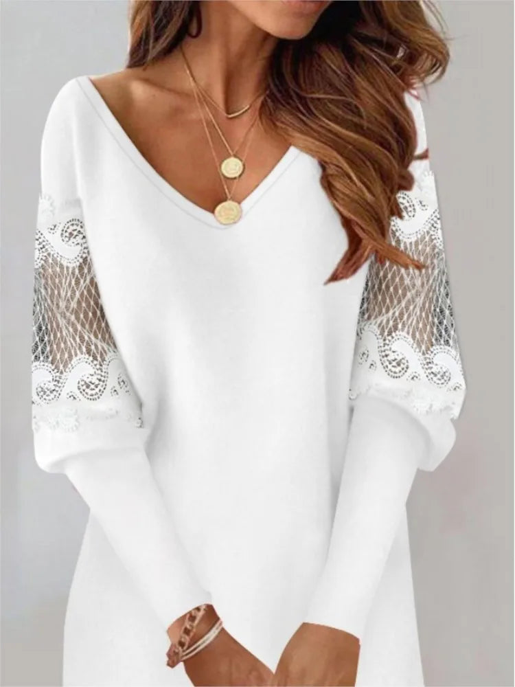 Robe en maille à manches en dentelle pour femmes, col en V sexy, décontracté, élégant, bureau, dames, printemps, automne, 2024 MAEJORKEN