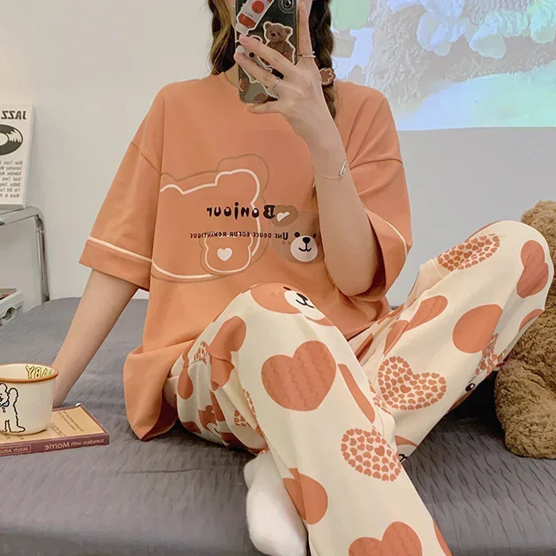 Pyjama doux en coton à manches courtes et pantalon imprimé du M au 3XL
