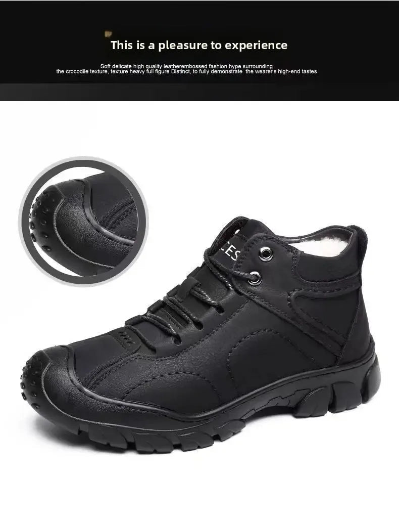 Chaussures d'hiver en cuir imperméable épais pour hommes, doublure polaire, montantes en coton, bottes de neige pour Sports de plein air, semelle extérieure en caoutchouc MAEJORKEN