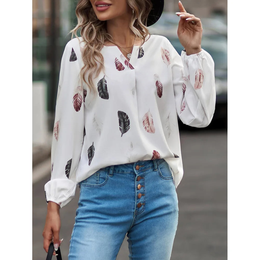 Mode femme Blouse chemises pour femmes haut élégant à manches longues motif de plumes femmes hauts élégant en mousseline de soie Mujer femme vêtements MAEJORKEN