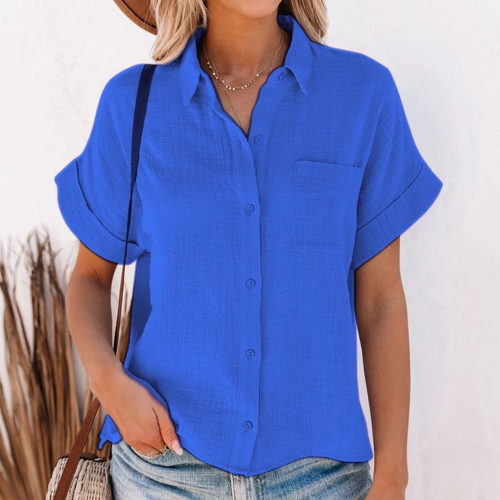 Hauts d'été élégants en coton et lin pour femmes, manches courtes, revers boutonné, chemise de couleur unie avec une poche décontractée MAEJORKEN