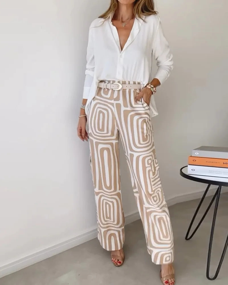 Ensemble élégant décontracté couleur unie taille élastique pantalon imprimé du S au 3XL