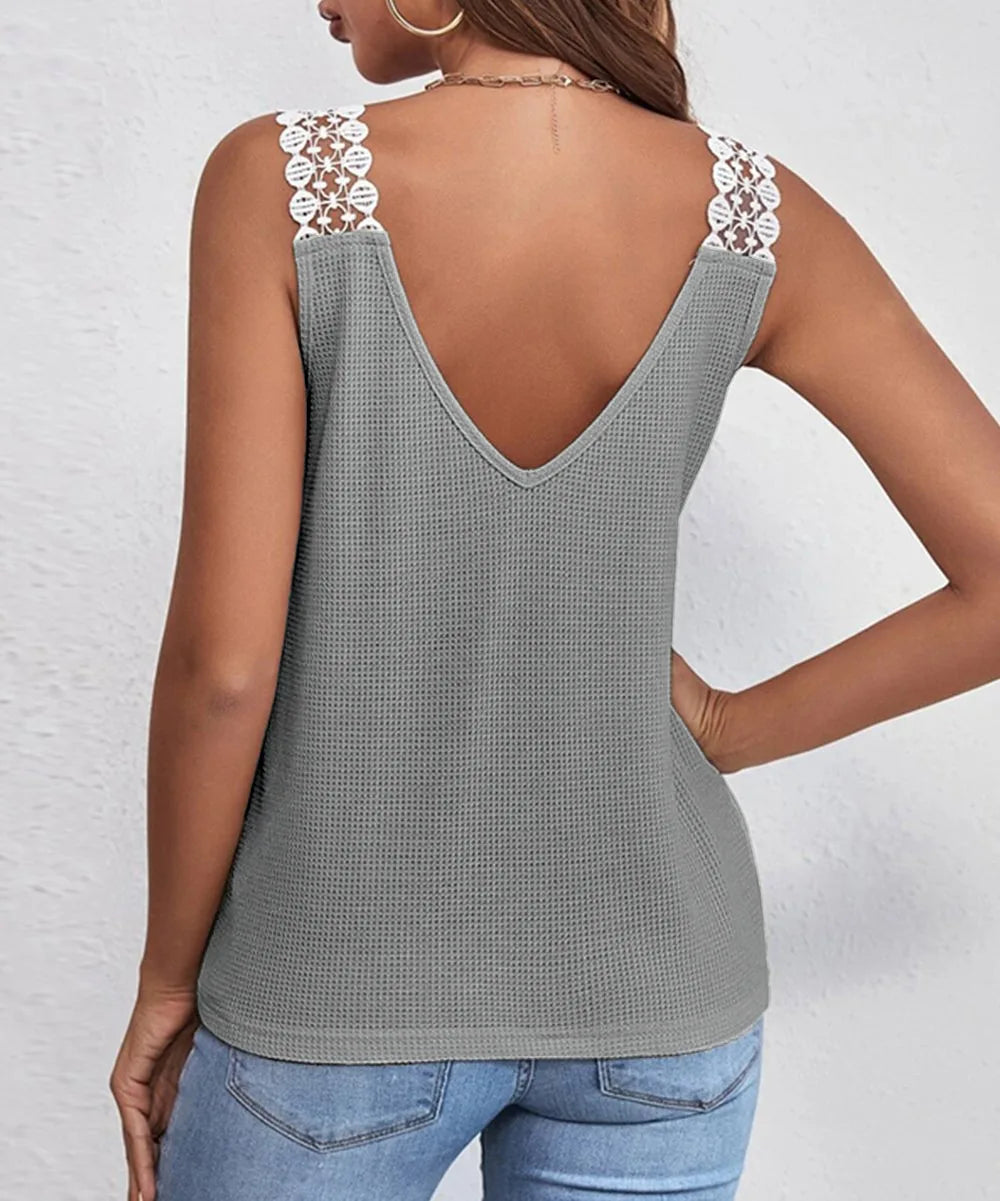 2025 été nouveau débardeur pour femmes couleur unie décontracté dentelle carreaux Patchwork gilet t-shirts hauts MAEJORKEN