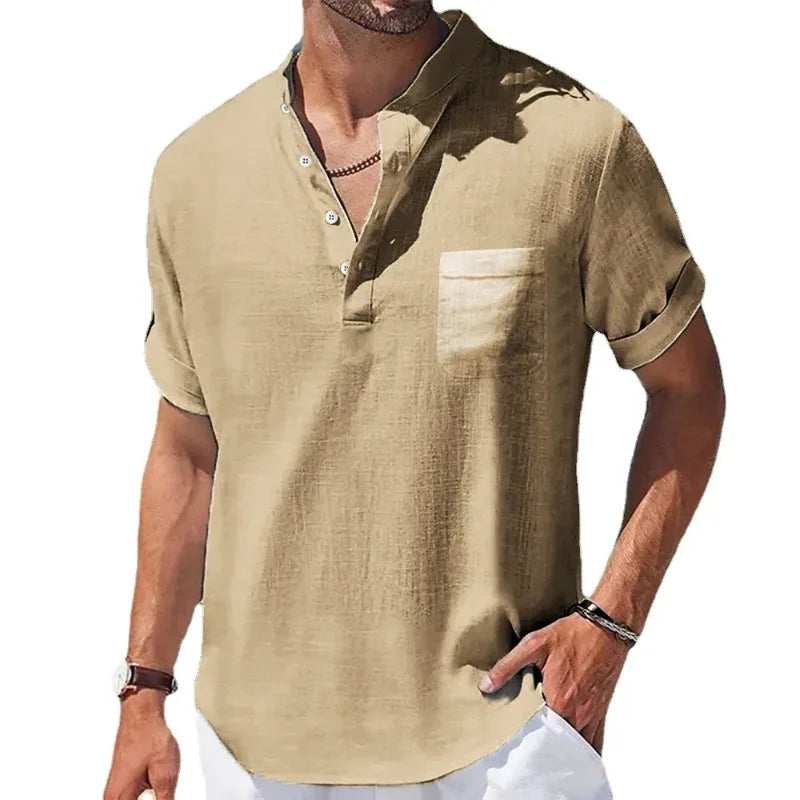 Nouveaux hommes à manches courtes respirant T-shirts été couleur unie chemises de poche de base pour hommes surdimensionné demi bouton lin Streetwear MAEJORKEN