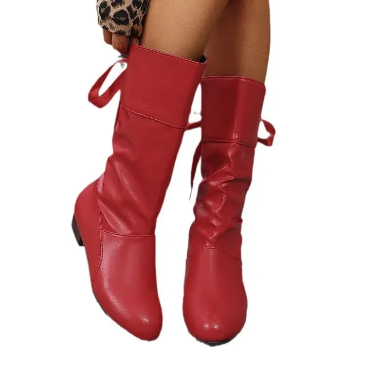 Chaussures pour femmes 2025 printemps genou bottes hautes rouge noir blanc bottes hautes femme plissé talon bas décontracté en cuir femme chaussures longues MAEJORKEN
