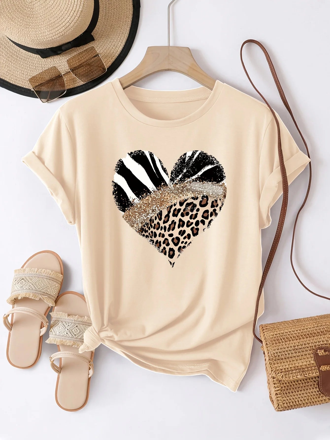 Femmes décontracté à manches courtes avec imprimé léopard zèbre rayure coeur Design paillettes Accent haut décontracté Harajuku manches courtes décontracté MAEJORKEN