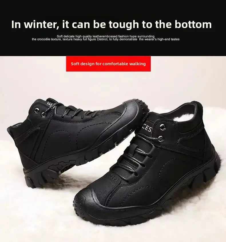 Chaussures d'hiver en cuir imperméable épais pour hommes, doublure polaire, montantes en coton, bottes de neige pour Sports de plein air, semelle extérieure en caoutchouc MAEJORKEN
