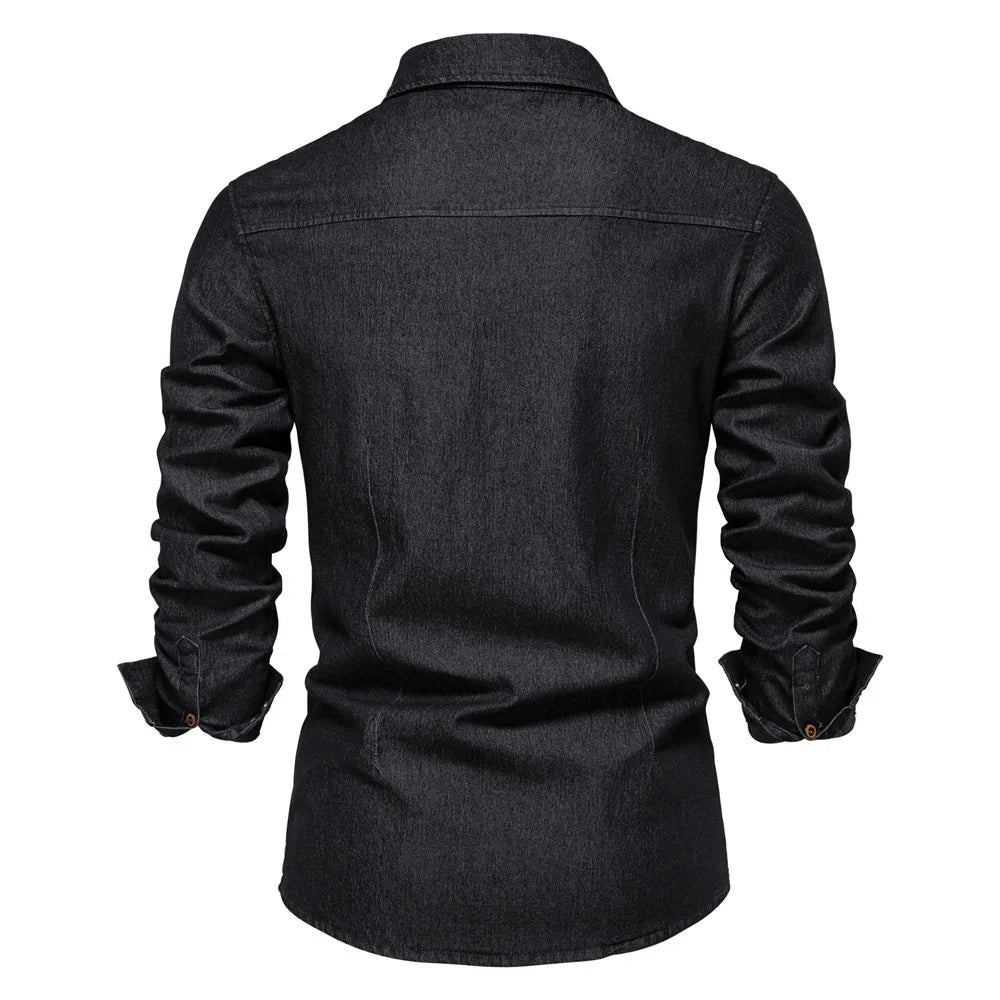 Chemise en denim en coton élastique pour hommes, manches longues, poche pour documents, chemises monochromes pour hommes, coupe couvertes décontractée, vêtements de créateurs, haute qualité MAEJORKEN