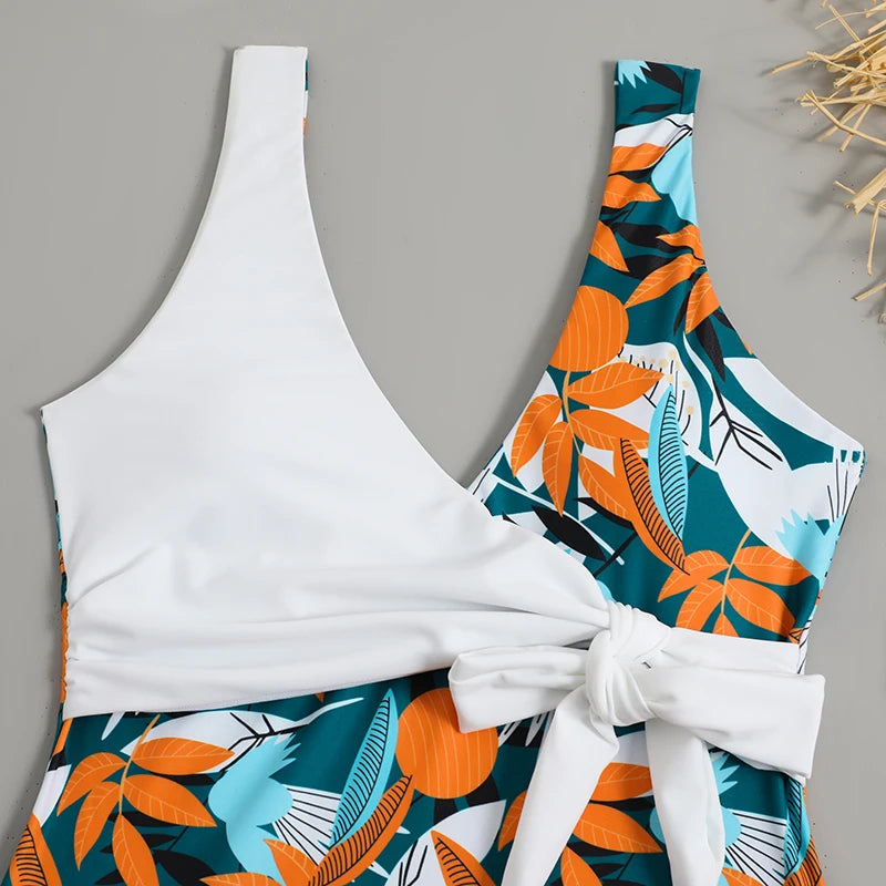 Maillot de bain une pièce imprimé tropical 2026 avec nœud latéral et ceinture, rembourré, pour femme, tenue de plage estivale MAEJORKEN