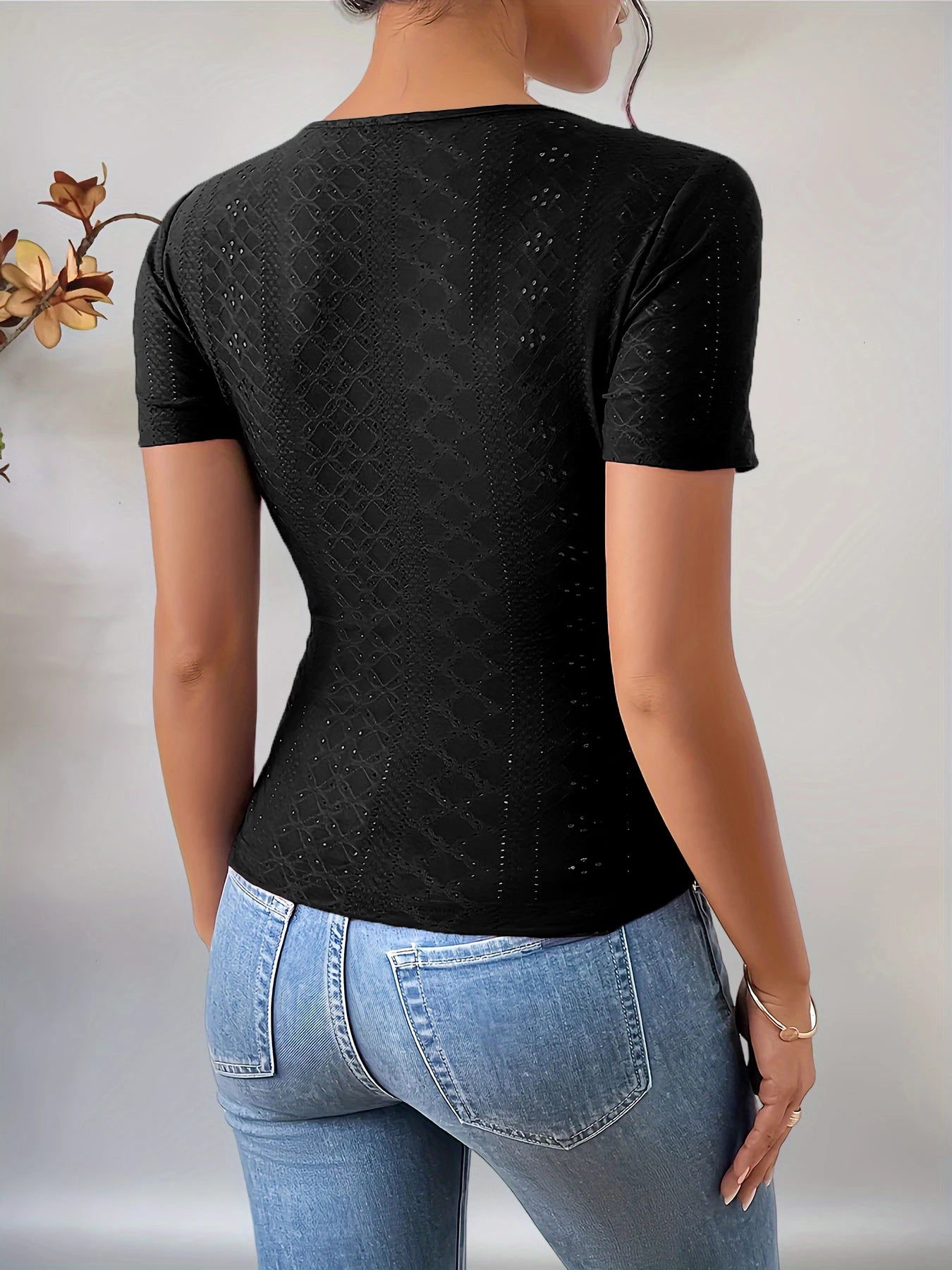 T-shirt ajouré pour femmes, nouveau style, col en v, boutonné, slim, décontracté MAEJORKEN