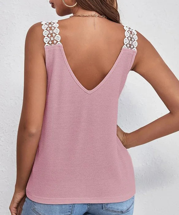 2025 été nouveau débardeur pour femmes couleur unie décontracté dentelle carreaux Patchwork gilet t-shirts hauts MAEJORKEN