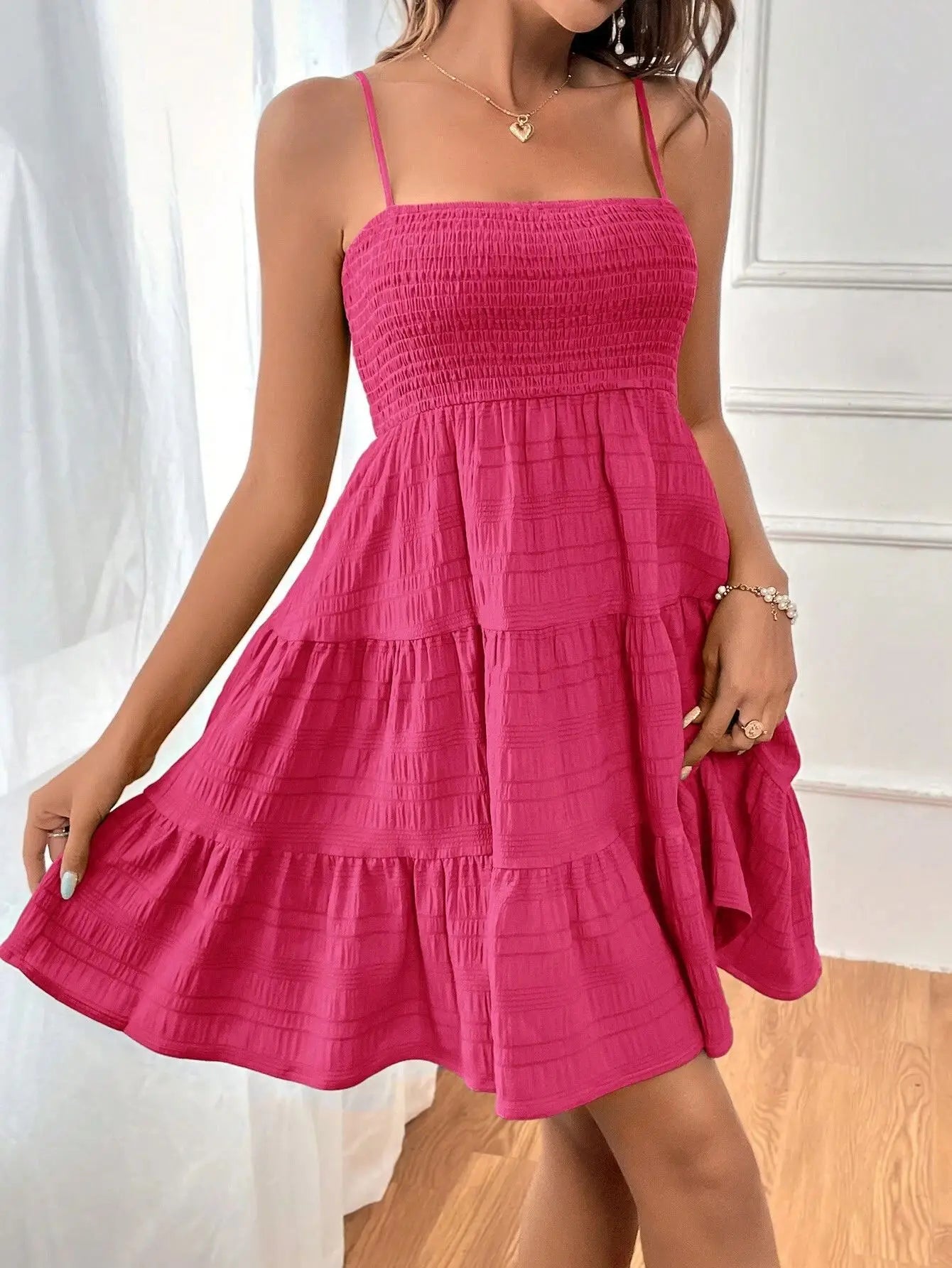 Mode femme Spaghetti sangle smocké Bustier Mini robe bleu à volants à plusieurs niveaux robe trapèze été décontracté vacances vêtements de plage du S au 2XL MAEJORKEN