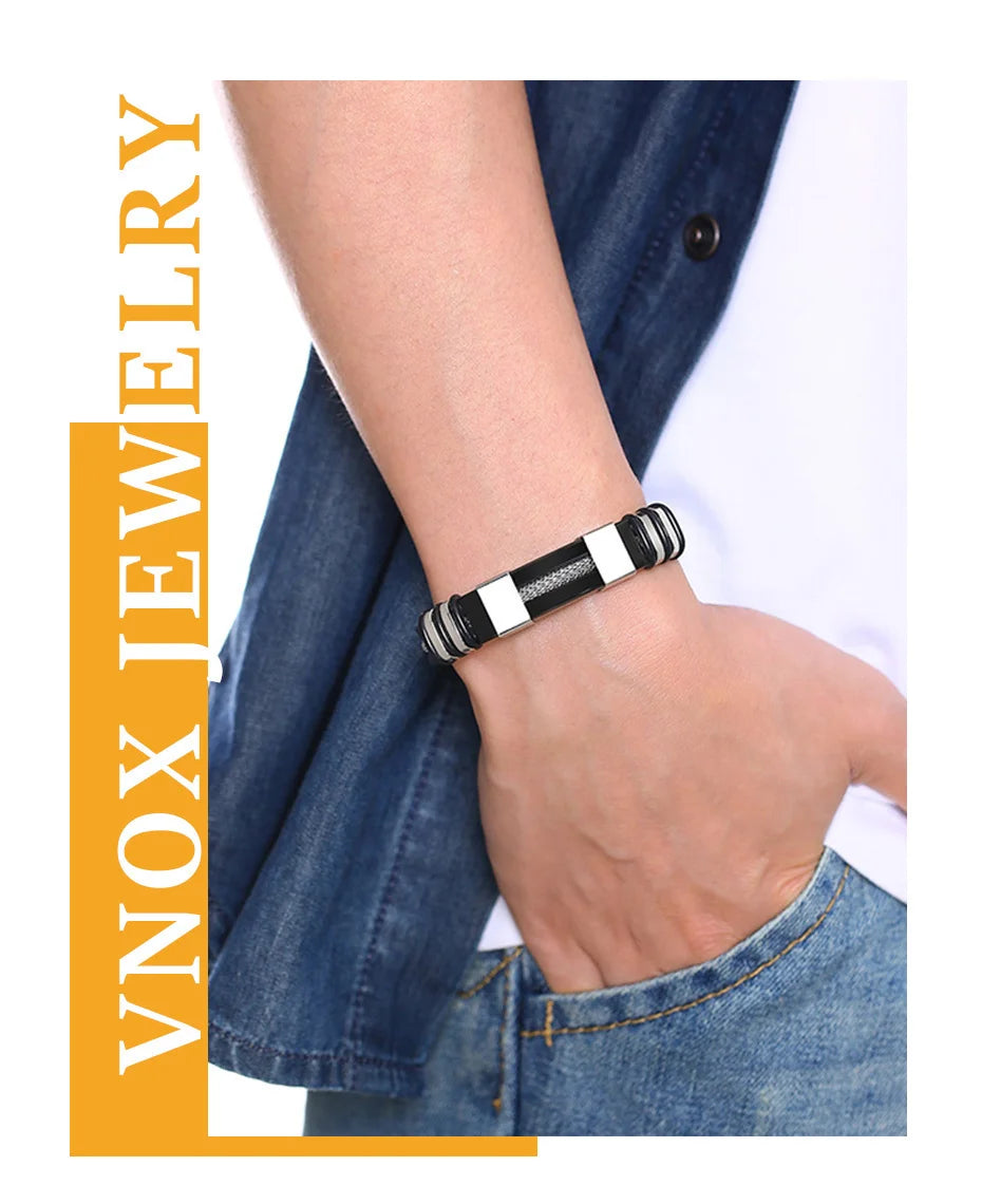 Vnox - Bracelet en acier inoxydable, bracelet pour homme, bracelet punk à maillons en silicone rainuré noir, bracelet punk élégant et décontracté MAEJORKEN