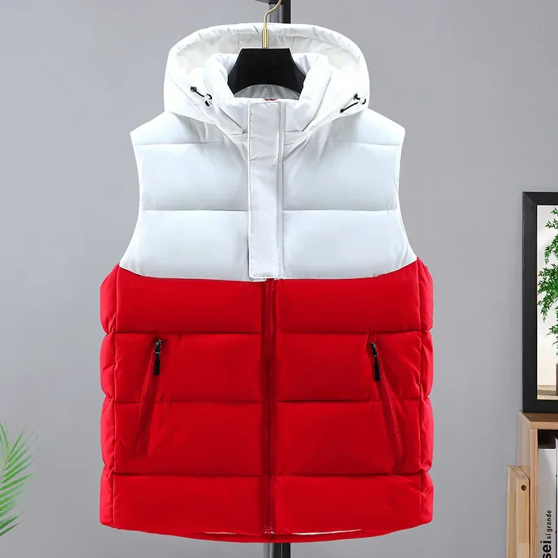 2025 hommes hiver épaissir vers le bas coton gilet épissure sans manches Parka veste décontracté coupe-vent chaud gilet hommes fermeture éclair vêtements d'extérieur à capuche MAEJORKEN