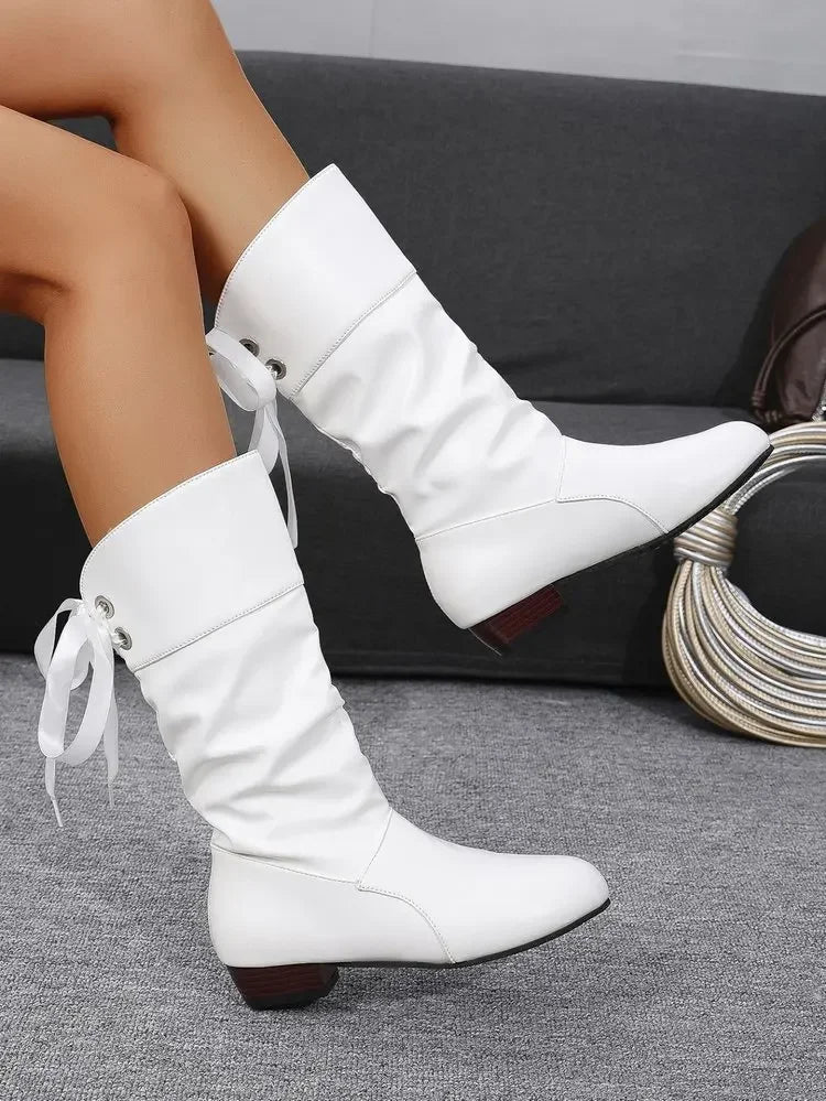 Chaussures pour femmes 2025 printemps genou bottes hautes rouge noir blanc bottes hautes femme plissé talon bas décontracté en cuir femme chaussures longues MAEJORKEN