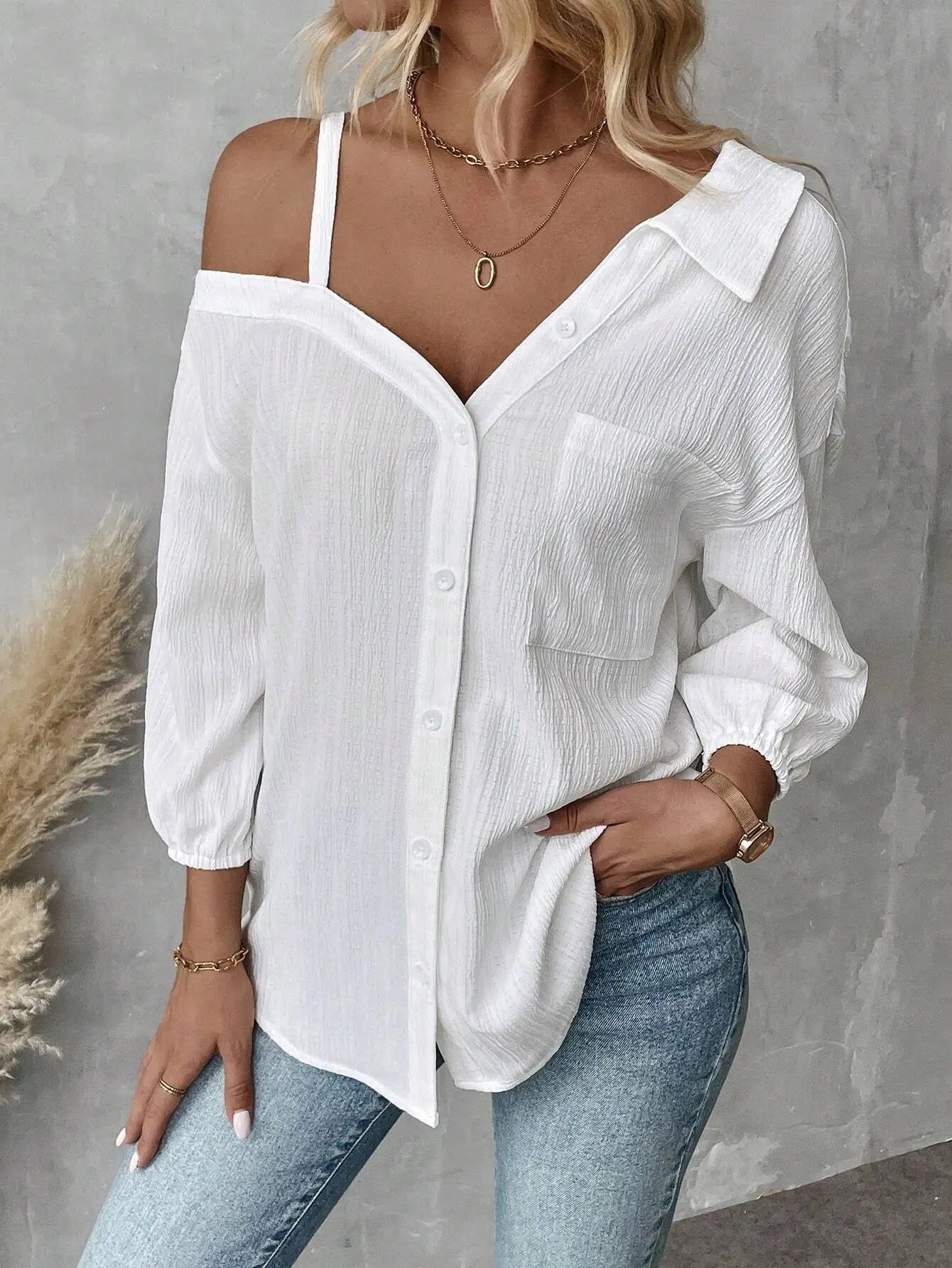 Chemise élégante pour femmes, épaules dénudées, trois quarts, chemisier sexy, décontracté, boutons unis, chemise ample, hauts de bureau pour femmes, streetwear, tuniques du S au XL MAEJORKEN