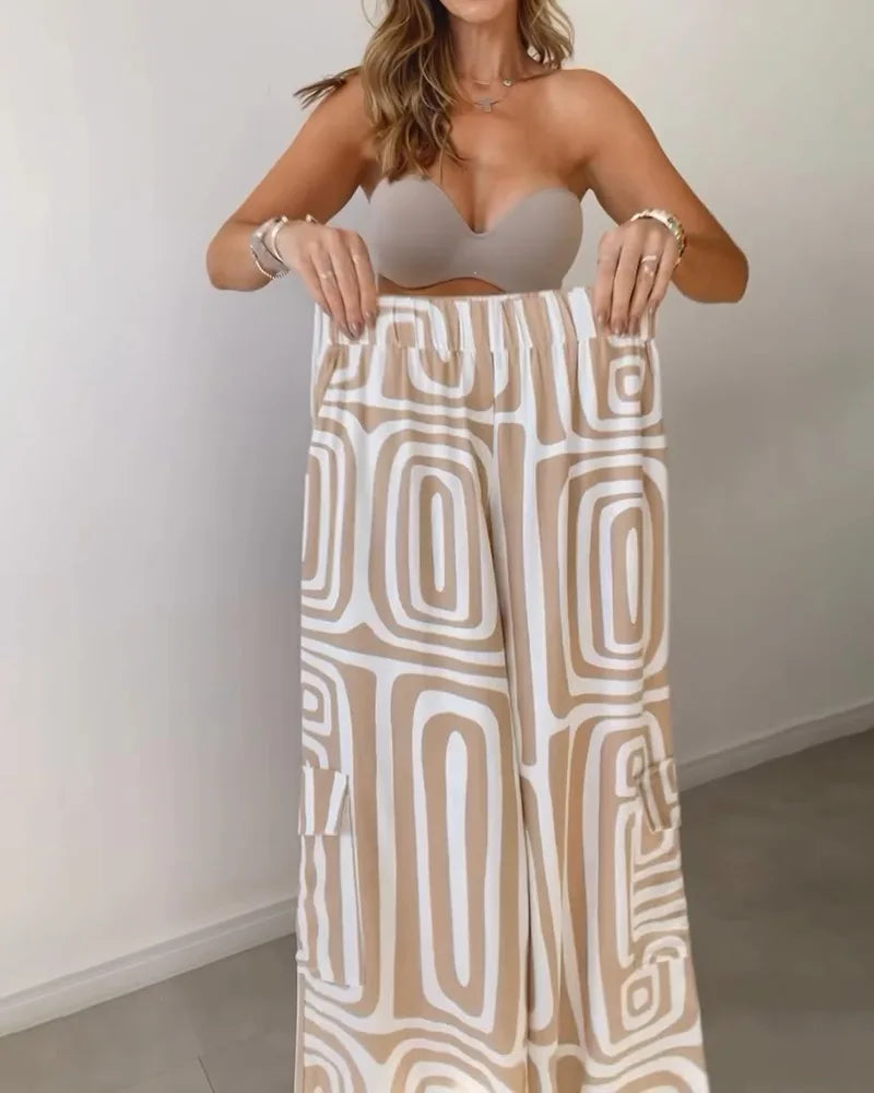 Ensemble élégant décontracté couleur unie taille élastique pantalon imprimé du S au 3XL