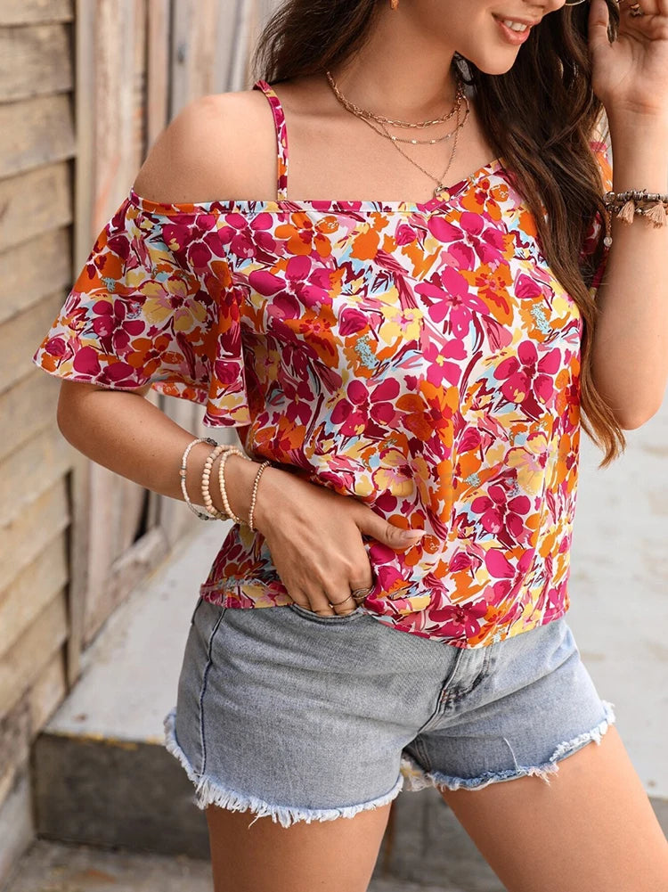 Haut Cami pour femme à imprimé floral, bretelles spaghetti, épaules dénudées, manches courtes, style bohème décontracté pour le printemps, l'été, la plage et les vacances MAEJORKEN