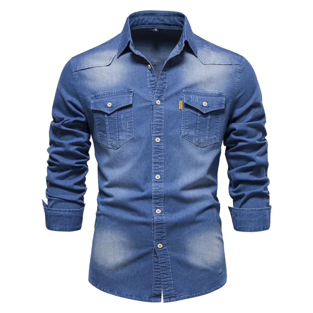 Chemise en denim en coton élastique pour hommes, manches longues, poche pour documents, chemises monochromes pour hommes, coupe couvertes décontractée, vêtements de créateurs, haute qualité MAEJORKEN