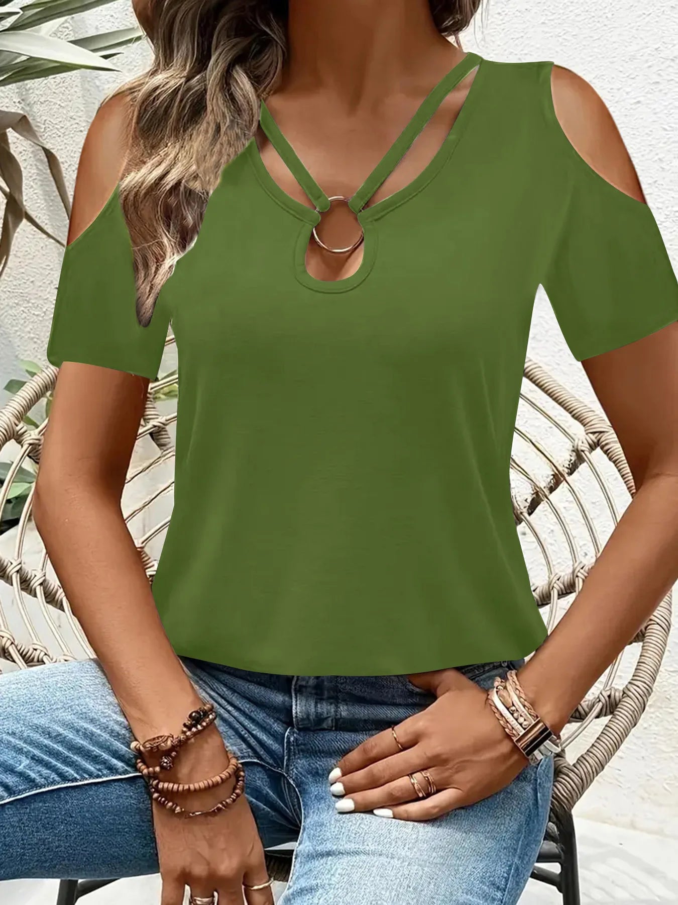 T-shirt à manches courtes décontracté épaules nues col en V couleurs unies du S au 2XL