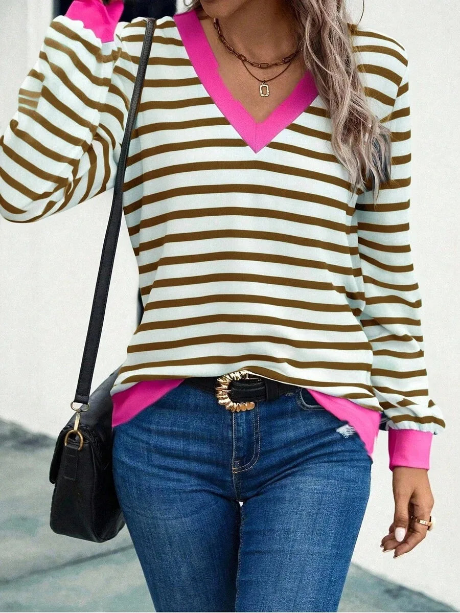 Nouvelle Collection Automne 2026 – T-shirt Femme Décontracté et Confortable à Rayures Colorées, Col en V, Manches Longues MAEJORKEN