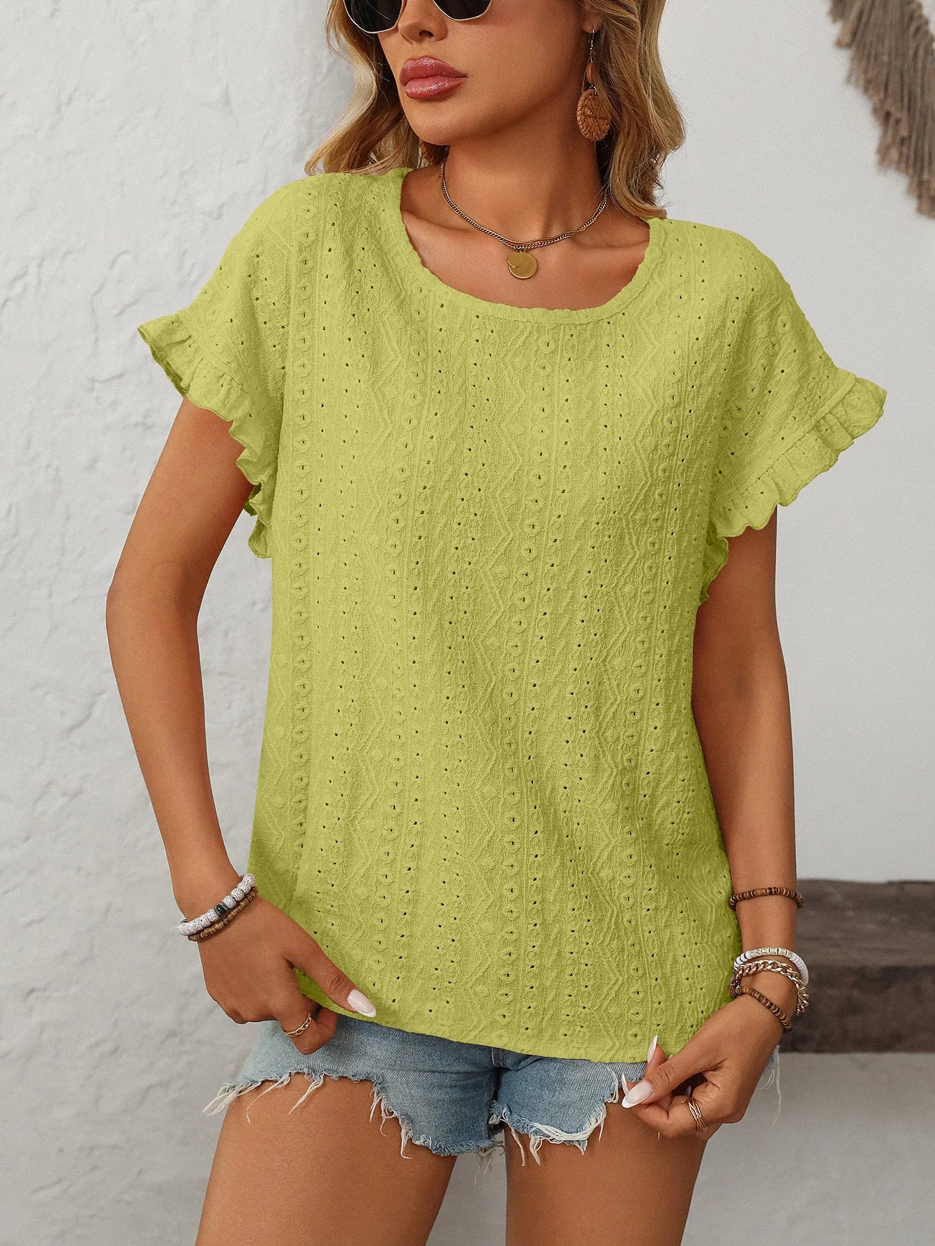 T-shirt à manches courtes et col rond pour femme, couleur unie, doux, ajouré du S au 2XL