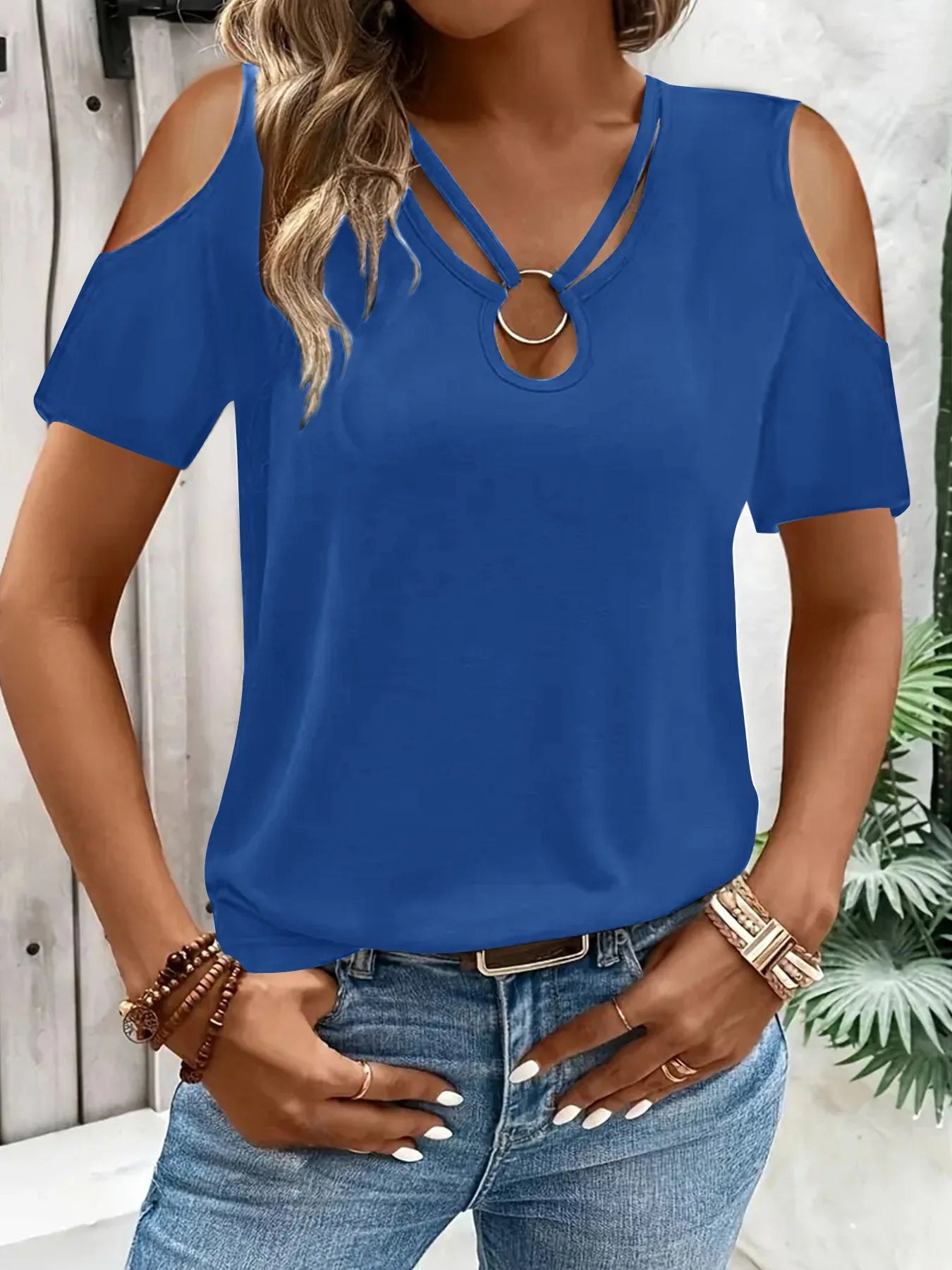 T-shirt à manches courtes décontracté épaules nues col en V couleurs unies du S au 2XL
