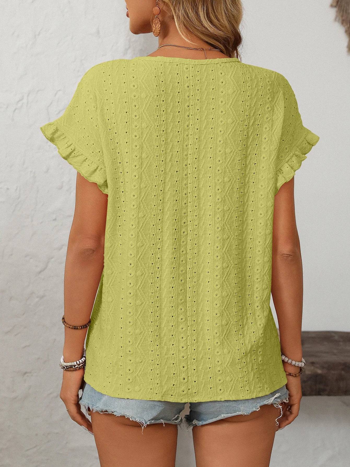 T-shirt à manches courtes et col rond pour femme, couleur unie, doux, ajouré du S au 2XL