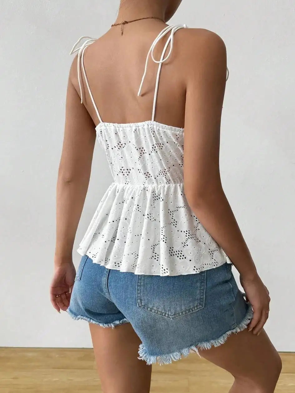 Débardeur Femme Printemps-Été Blanc en Dentelle à Nœuds Bretelles Fines Col Carré Ourlet Peplum Décontracté pour les Vacances MAEJORKEN