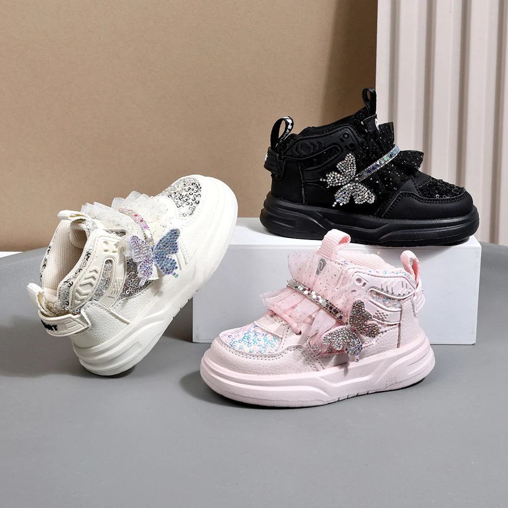 Chaussures d'automne en cuir pour enfants, baskets de Sport pour enfants en bas âge, mignonnes papillons scintillants, semelle souple, à la mode, pour filles, nouvelle collection 2025 MAEJORKEN