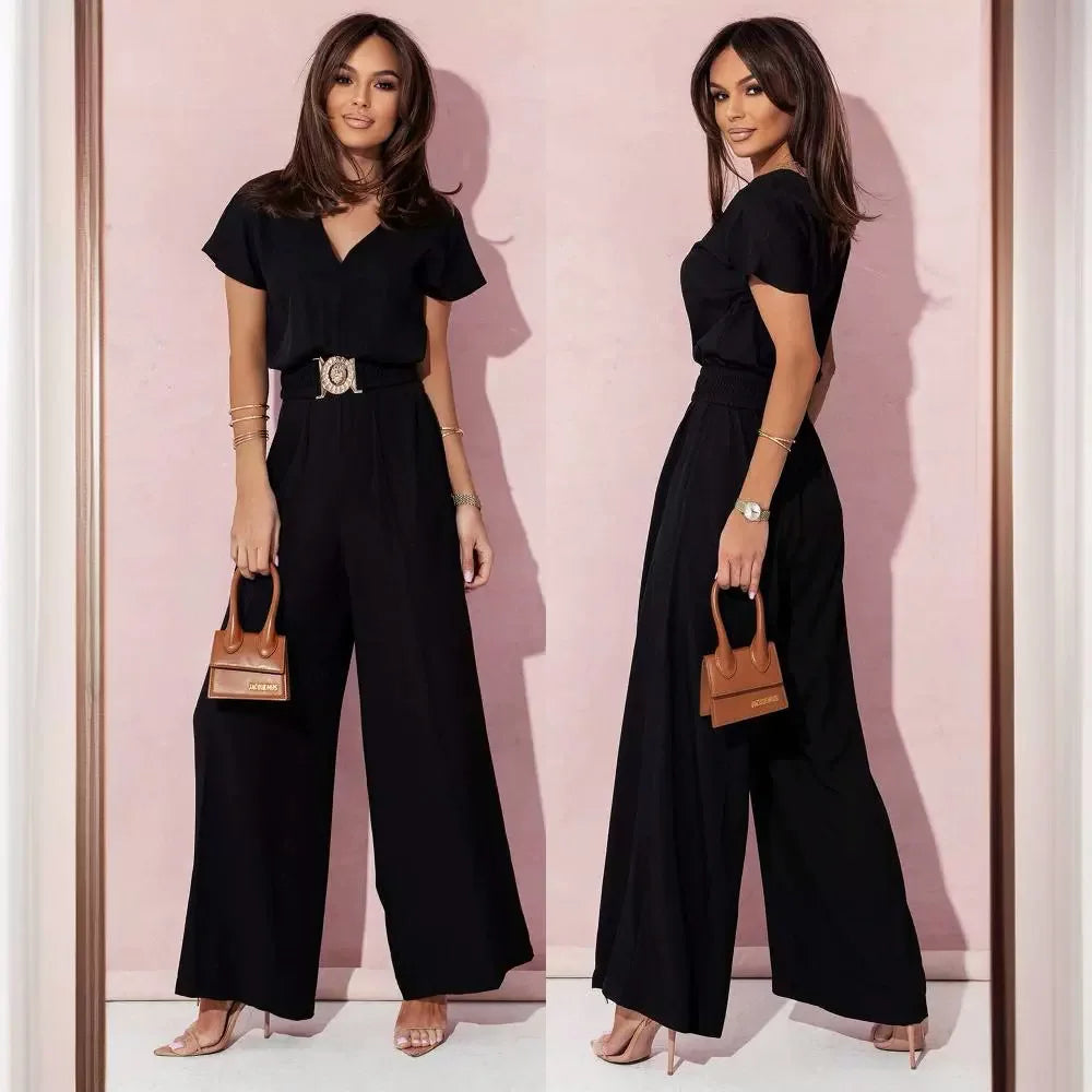 Mode col en v manches courtes taille haute combinaison femmes 2024 été solide jambe large élégant barboteuse Vintage combinaisons salopette femmes MAEJORKEN