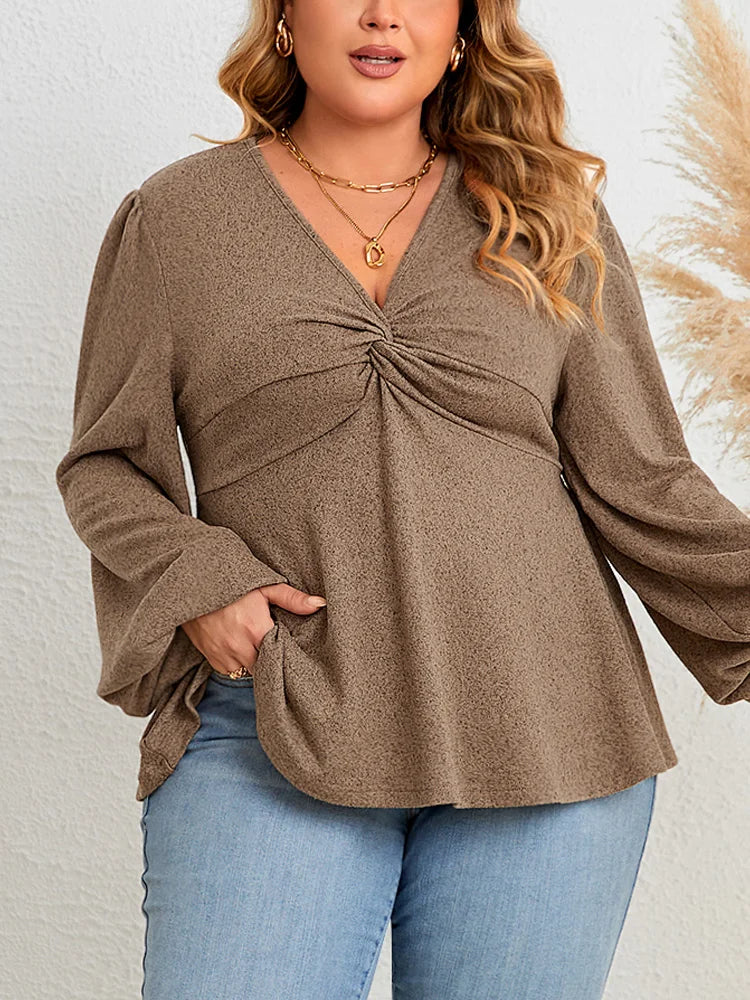 Haut péplum à col en V tunique vintage, manches lanterne du XL au 4XL