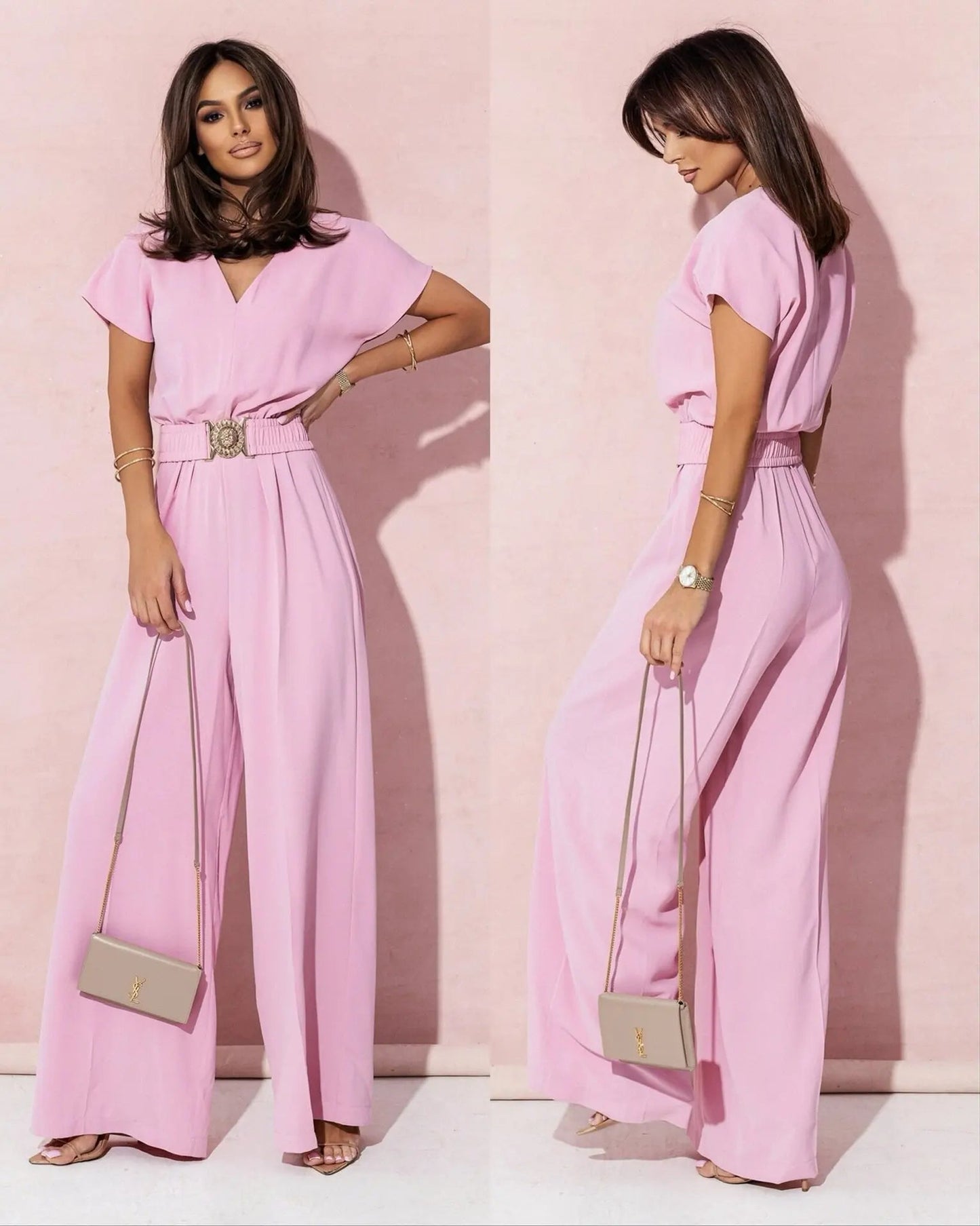 Mode col en v manches courtes taille haute combinaison femmes 2024 été solide jambe large élégant barboteuse Vintage combinaisons salopette femmes MAEJORKEN