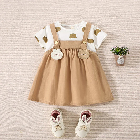 Robe d'été en coton pour petites filles, imprimé ours en peluche, manches courtes, fausse robe à bretelles deux pièces, robe mignonne MAEJORKEN