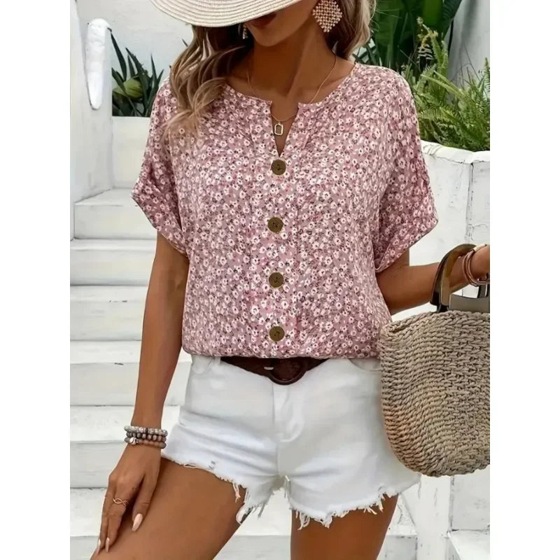 Chemises pour femmes grande taille 2025 printemps été nouvelle mode décontractée impression florale col en v manches courtes Blouses Style coréen vêtements MAEJORKEN