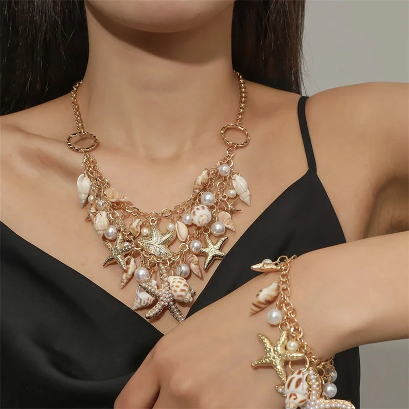 Collier pendentif étoile de mer exagéré pour femmes, coquillage, imitation perle, bracelets chaîne, bijoux de plage d'été, cadeau de vacances MAEJORKEN