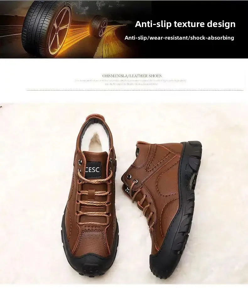 Chaussures d'hiver en cuir imperméable épais pour hommes, doublure polaire, montantes en coton, bottes de neige pour Sports de plein air, semelle extérieure en caoutchouc MAEJORKEN
