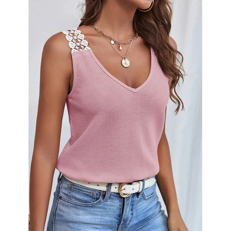 2025 été nouveau débardeur pour femmes couleur unie décontracté dentelle carreaux Patchwork gilet t-shirts hauts MAEJORKEN