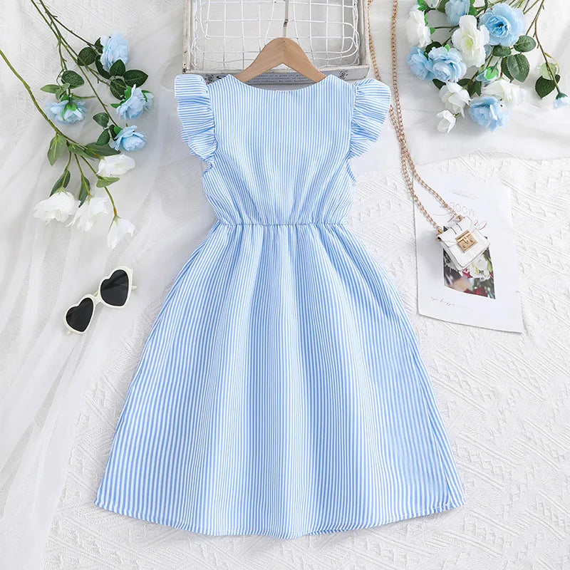 Fille robe d'été manches volantes rayures robe Patchwork couleur chemise robe pour filles décontracté adolescent filles vêtements enfants robes MAEJORKEN