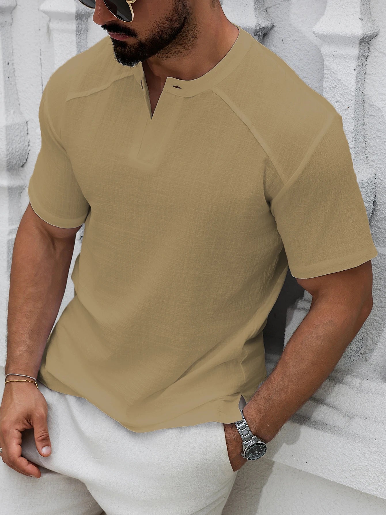 1 pièces hommes lin à manches courtes petit haut col rond pull décontracté couleur unie col Henry T-Shirt avec boutons mode Hippie MAEJORKEN