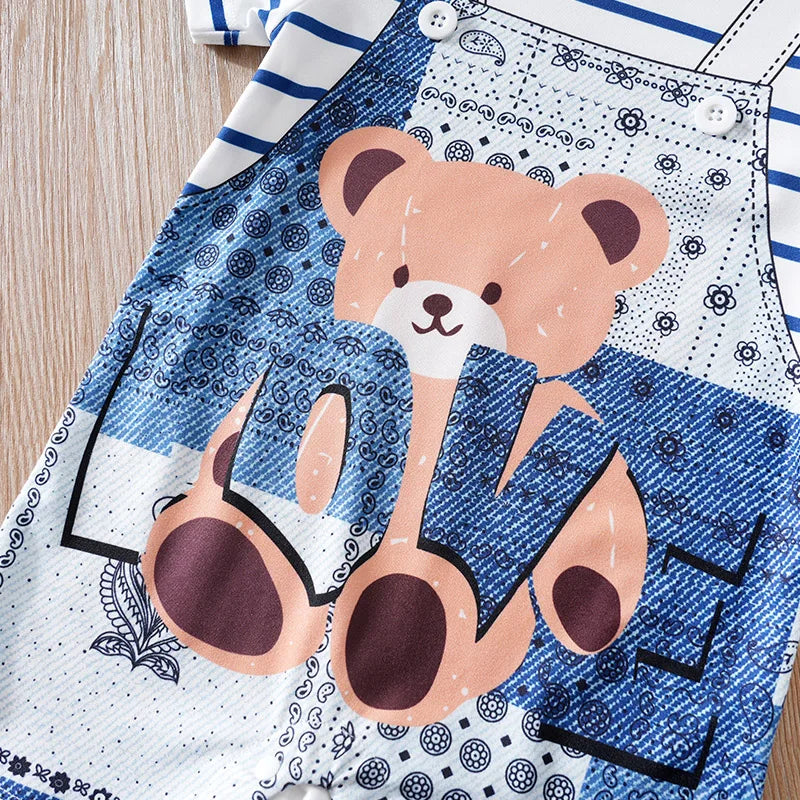Vêtements de bébé ours de dessin animé mignon pour garçons et filles, fausse sangle initiée, confortable et doux, combinaison d'été à manches courtes, 0-18 MAEJORKEN