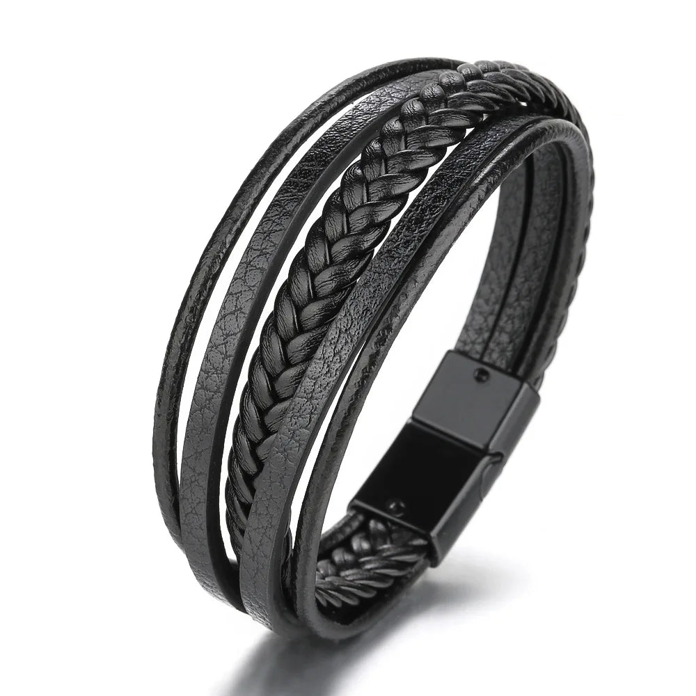 Bracelets en cuir tendance pour hommes, en acier inoxydable, corde tressée multicouche de 21CM, bijoux cadeaux MAEJORKEN