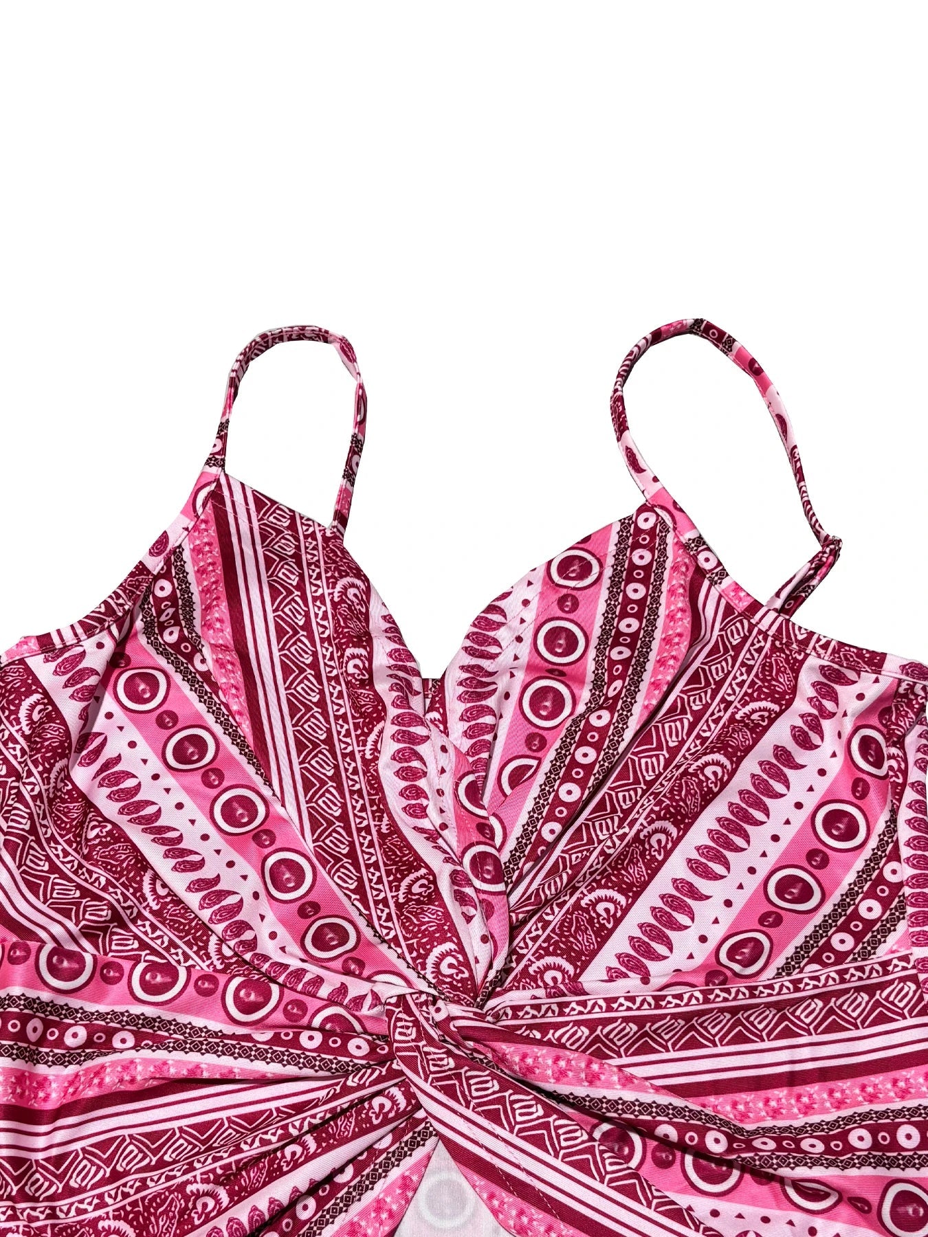 Haut camisole sexy à col en v pour femmes, imprimé chaîne devant torsadé dans le dos, en tissu polyester avec motif spaghetti MAEJORKEN