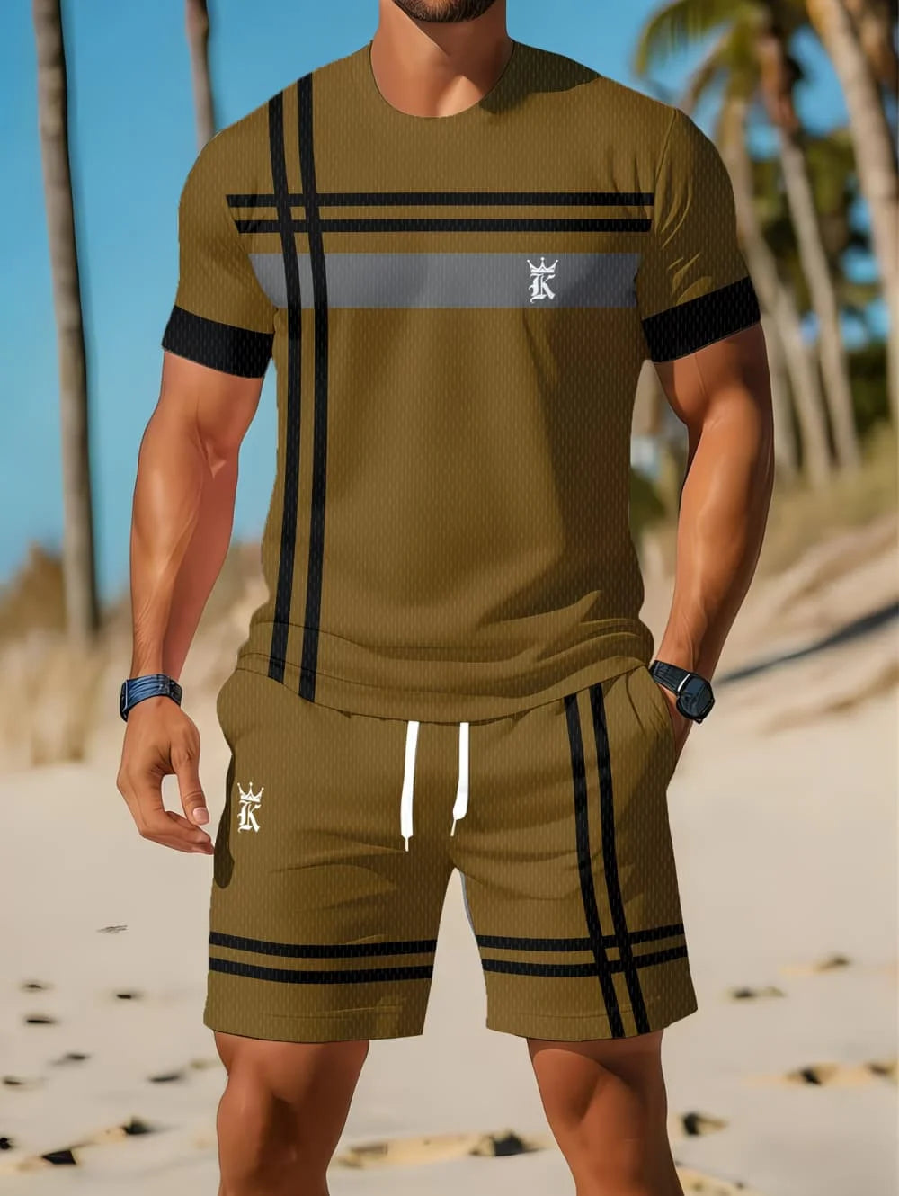 Nouvel Arrivage Été 2026 – Ensemble Décontracté Homme Deux Pièces : Chemise Rayée Imprimée 3D à Manches Courtes et Short de Sport – Ensemble de Fitness pour Homme MAEJORKEN