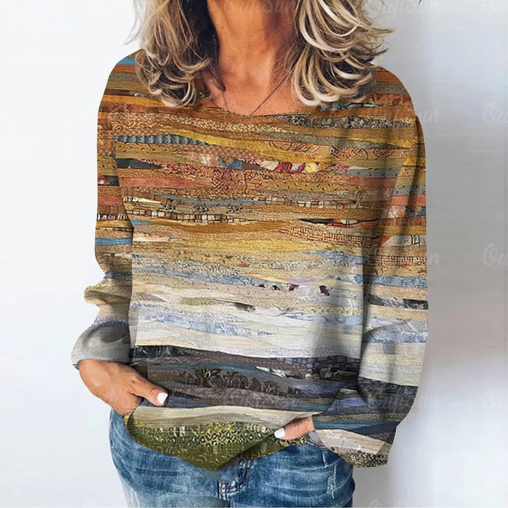 T-shirt à manches longues imprimé paysage naturel pour femmes, vêtements décontractés pour femmes, mode rétro, Y-03/adt MAEJORKEN