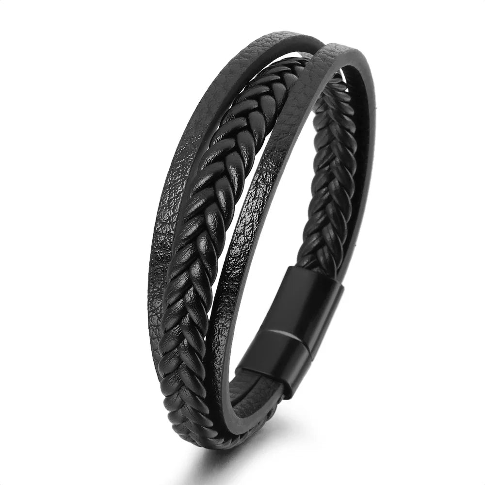 Bracelets en cuir tendance pour hommes, en acier inoxydable, corde tressée multicouche de 21CM, bijoux cadeaux MAEJORKEN