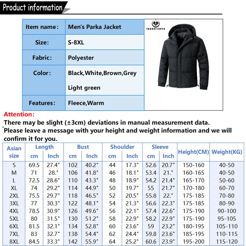 Parka à capuche coupe-vent pour hommes avec fermeture éclair grandes tailles